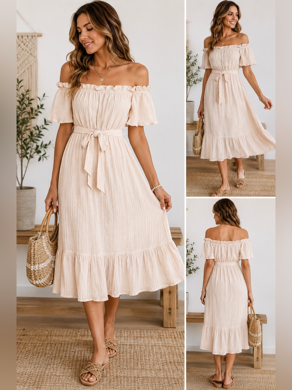 Lush Soft Nude Off Shoulder Tie Waist Midi Dress Boho Romantic Size M